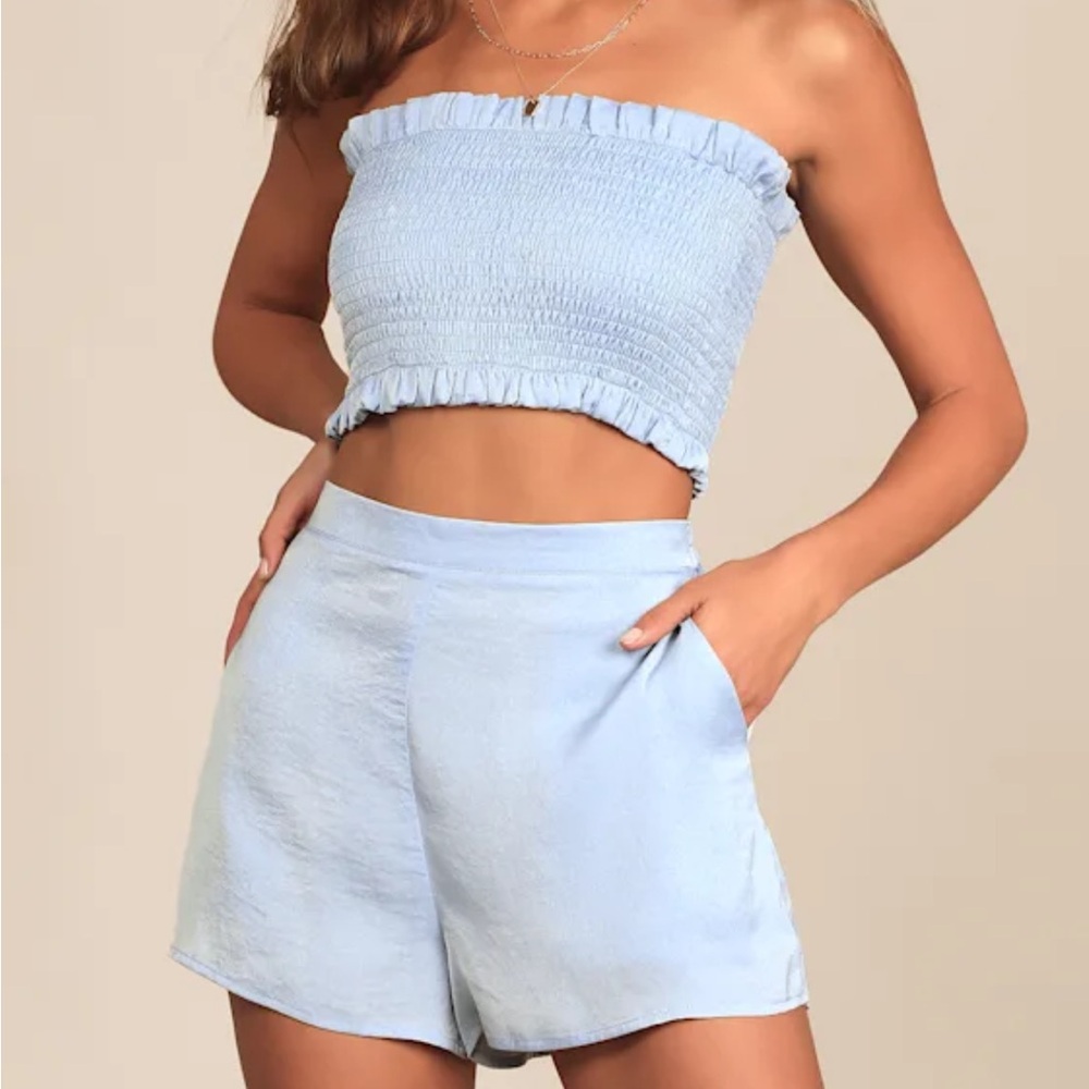 Lulu's Dusty Blue Tube Top and Shorts Set